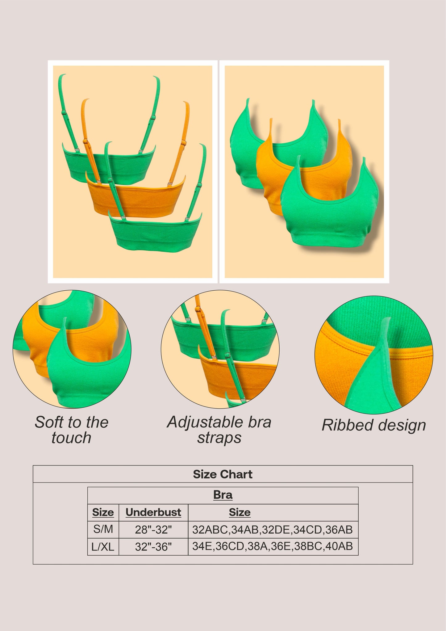 3 Pack Ribbed Bra - Green & Orange