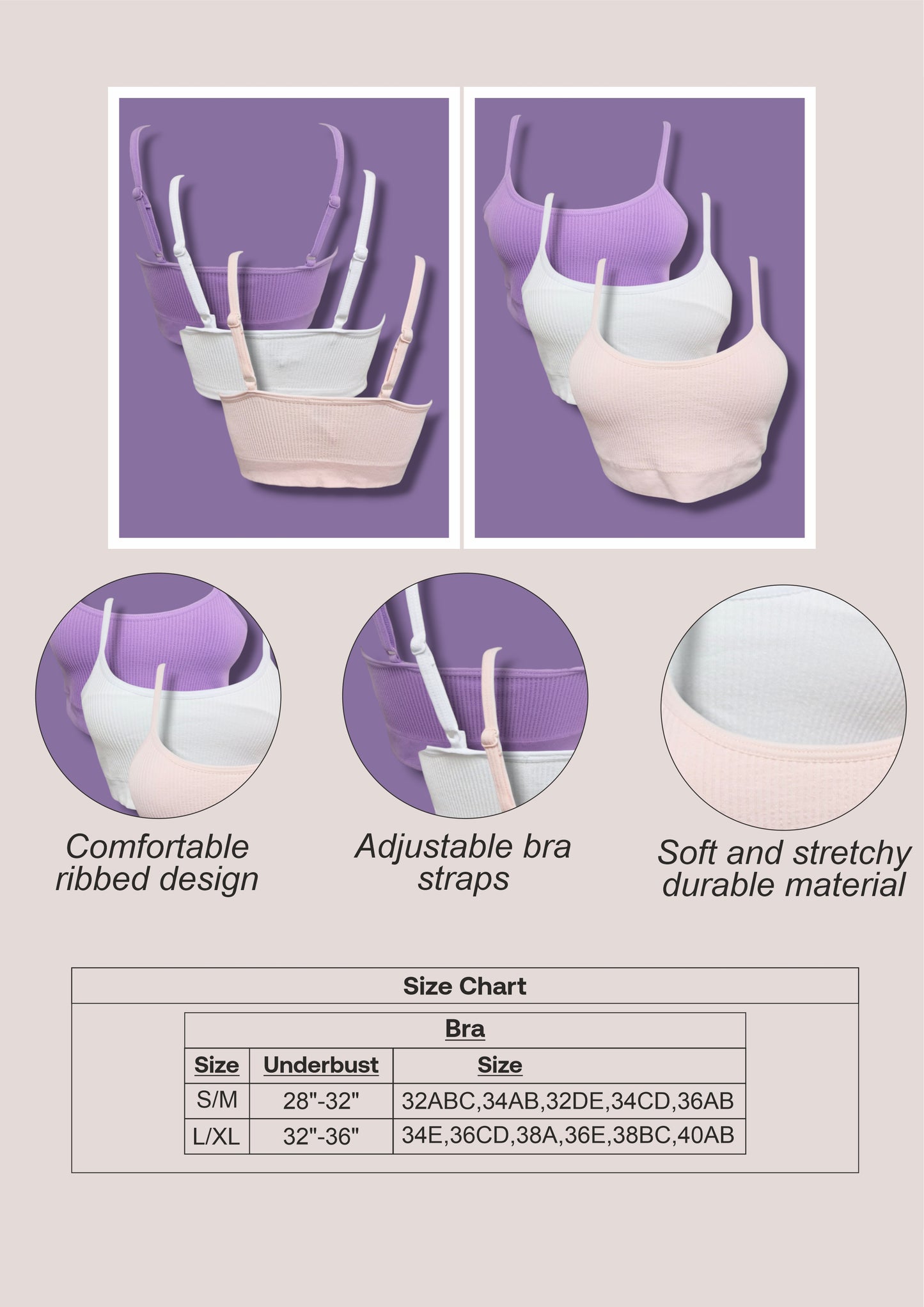 3 Pack Ribbed Bra - Lilac, White & Pale Pink