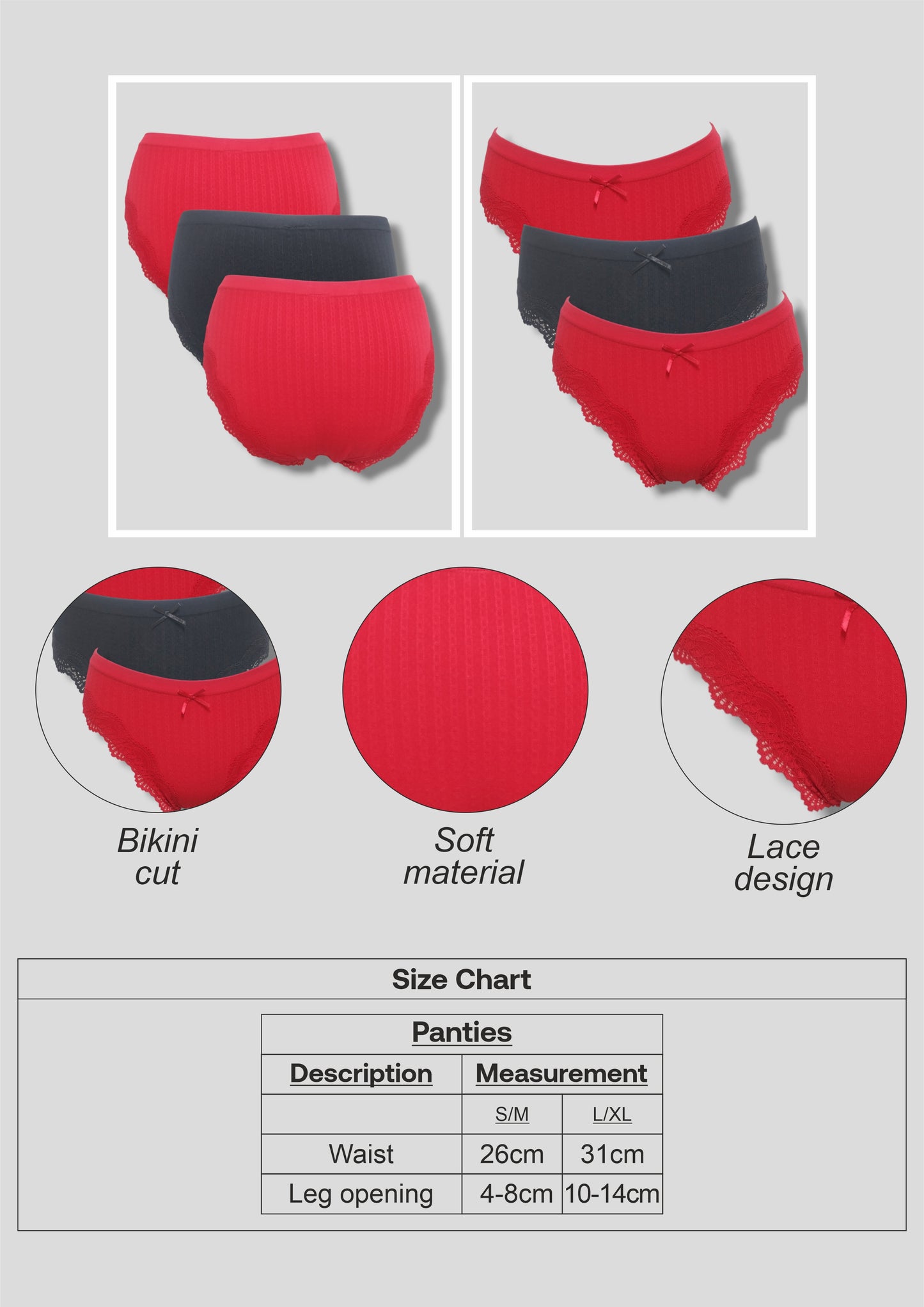 3 Pack Bikini Cut Panties - Red & Black