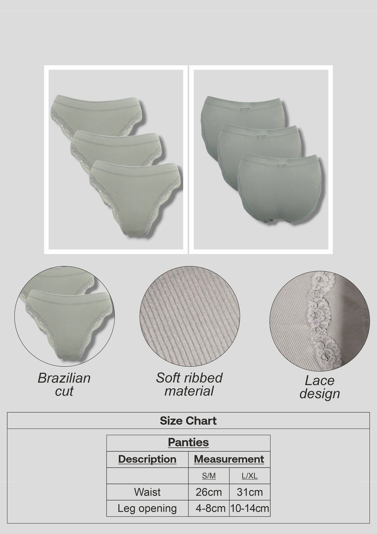 3 Pack Brazilian Cut Panties - Sage Green