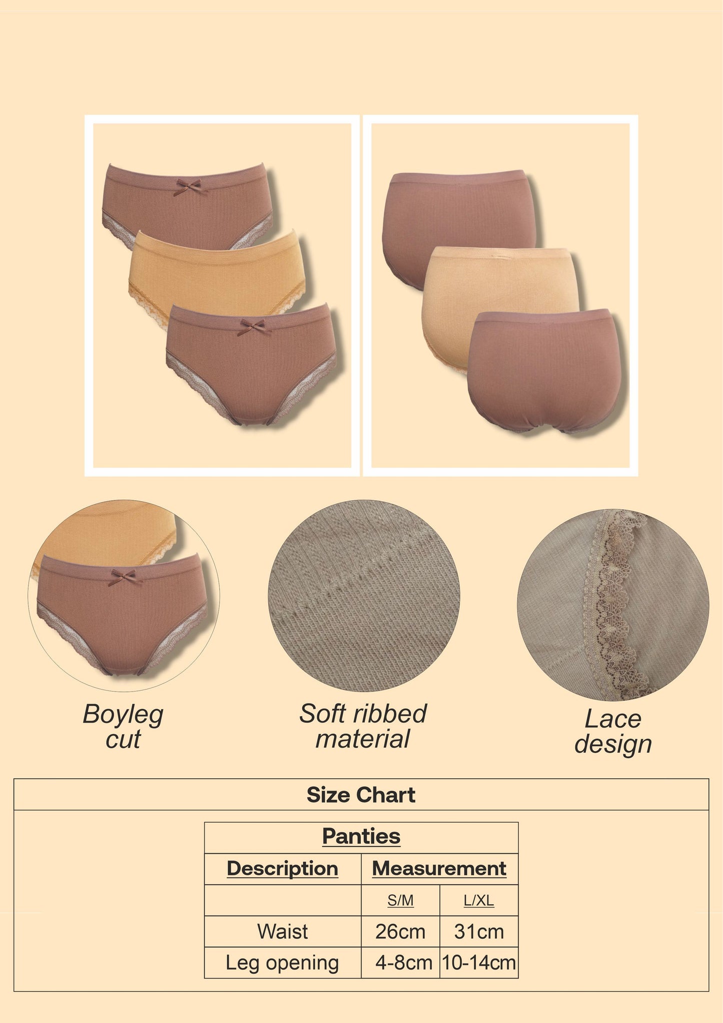 3 Pack Boyleg Cut Panties - Tonal Brown