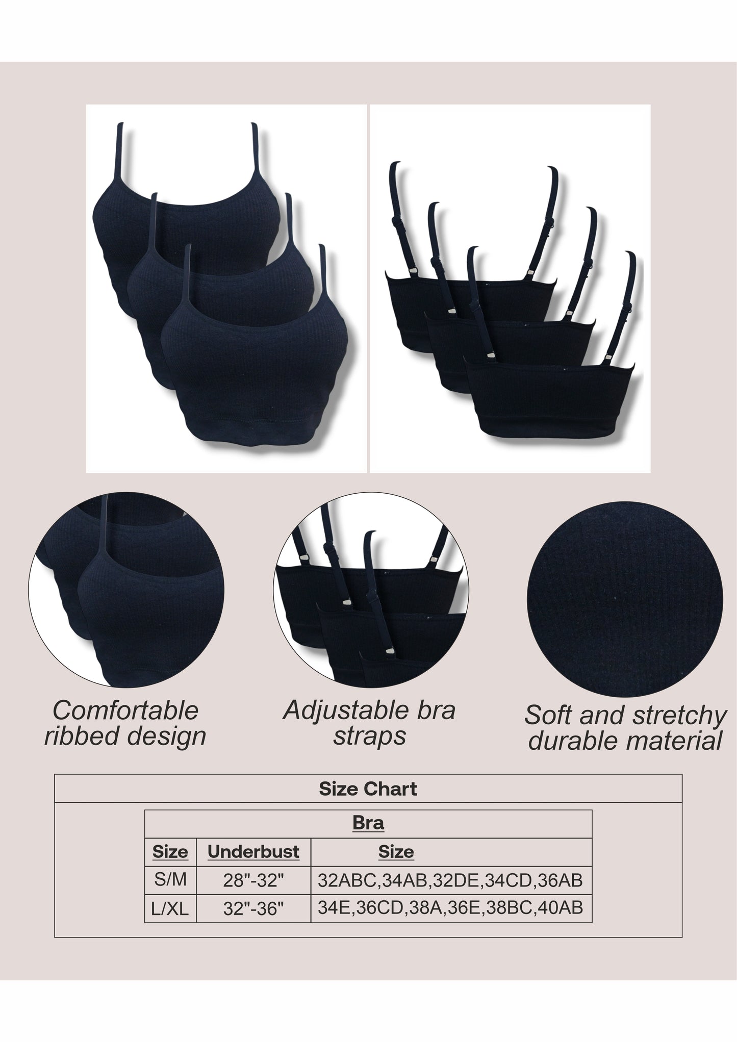 3 Pack Ribbed Bra - Black