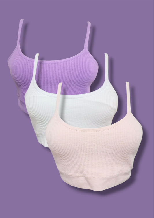 3 Pack Ribbed Bra - Lilac, White & Pale Pink