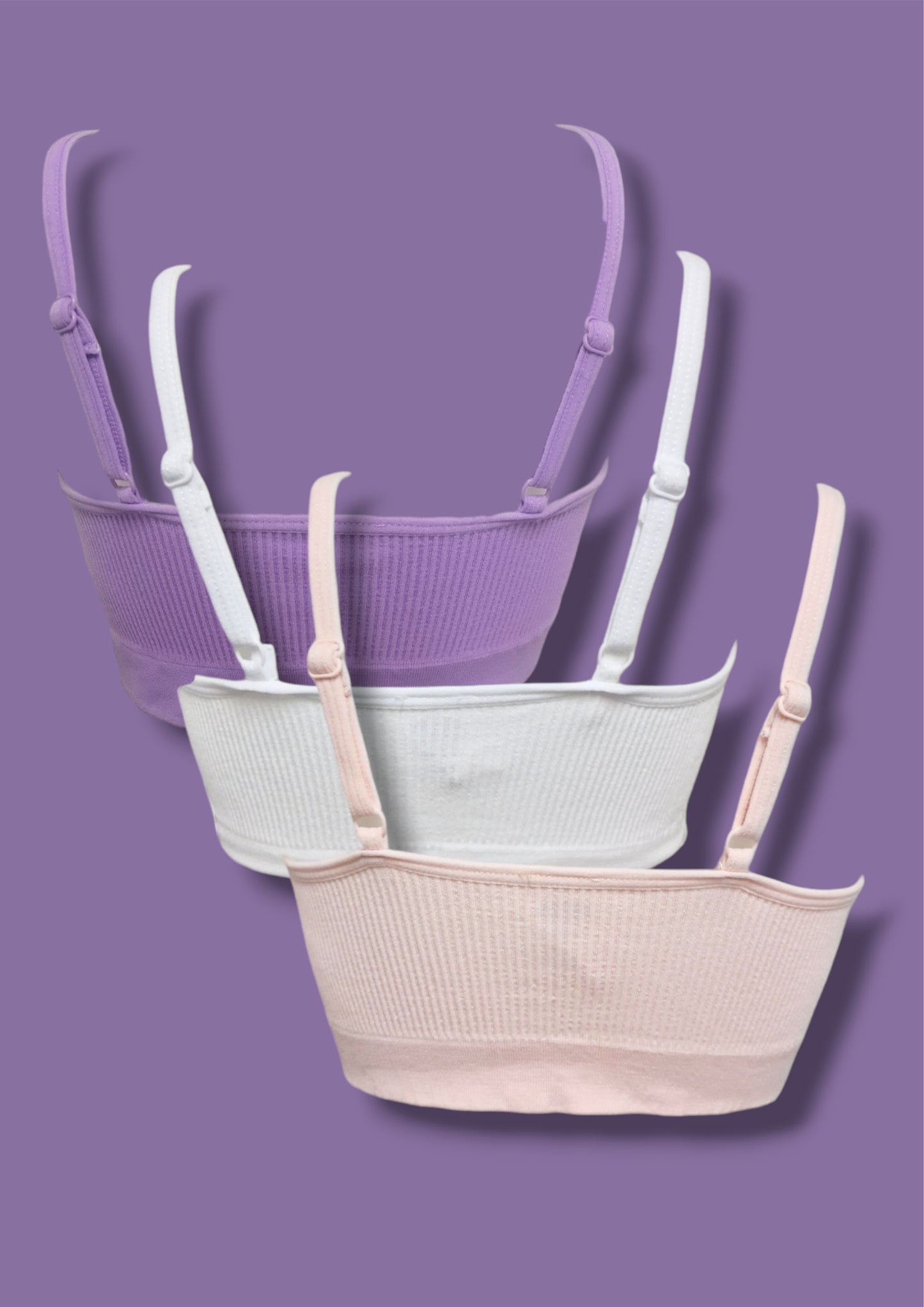 3 Pack Ribbed Bra - Lilac, White & Pale Pink