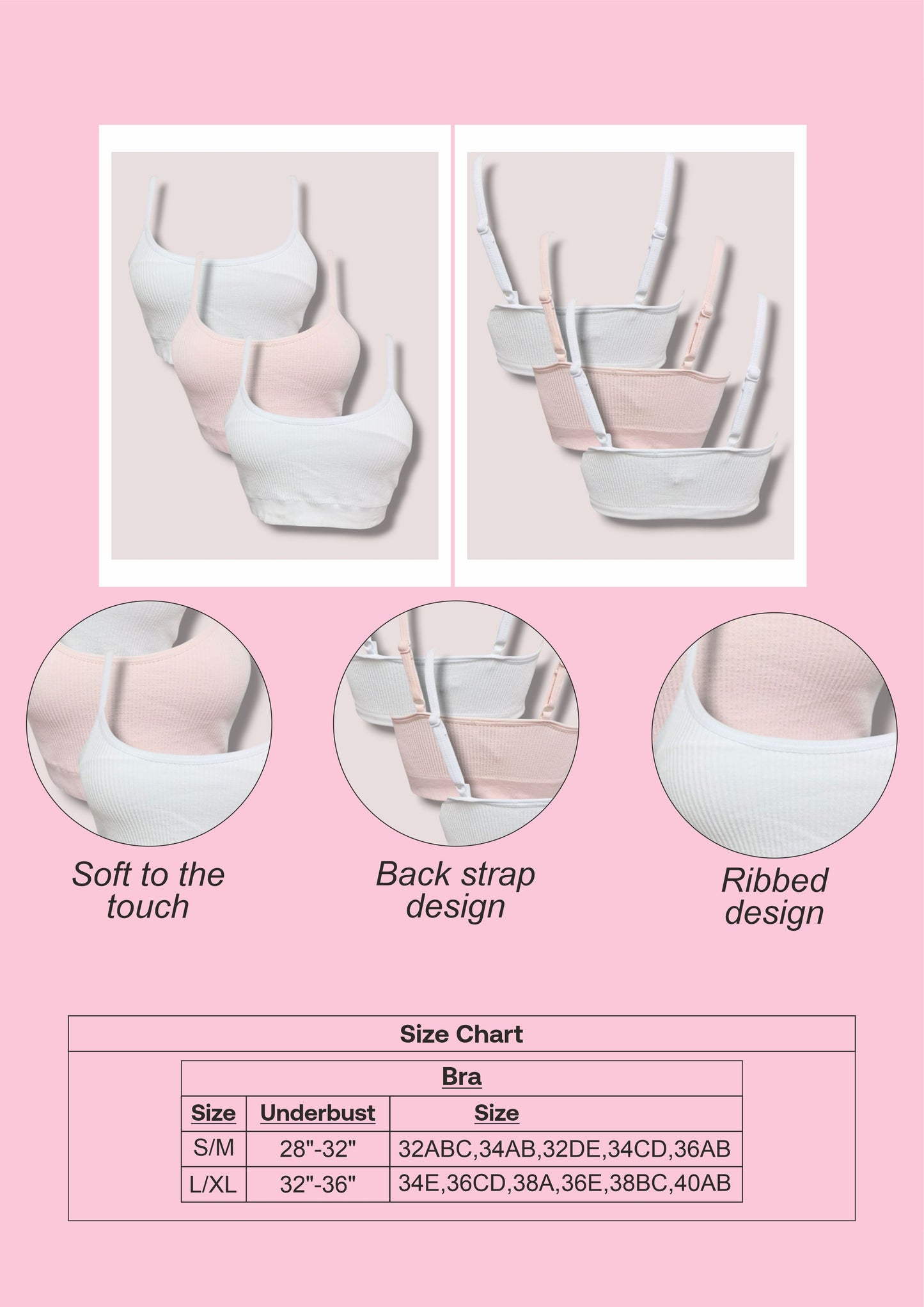 3 Pack Ribbed Bra - White & Pale Pink