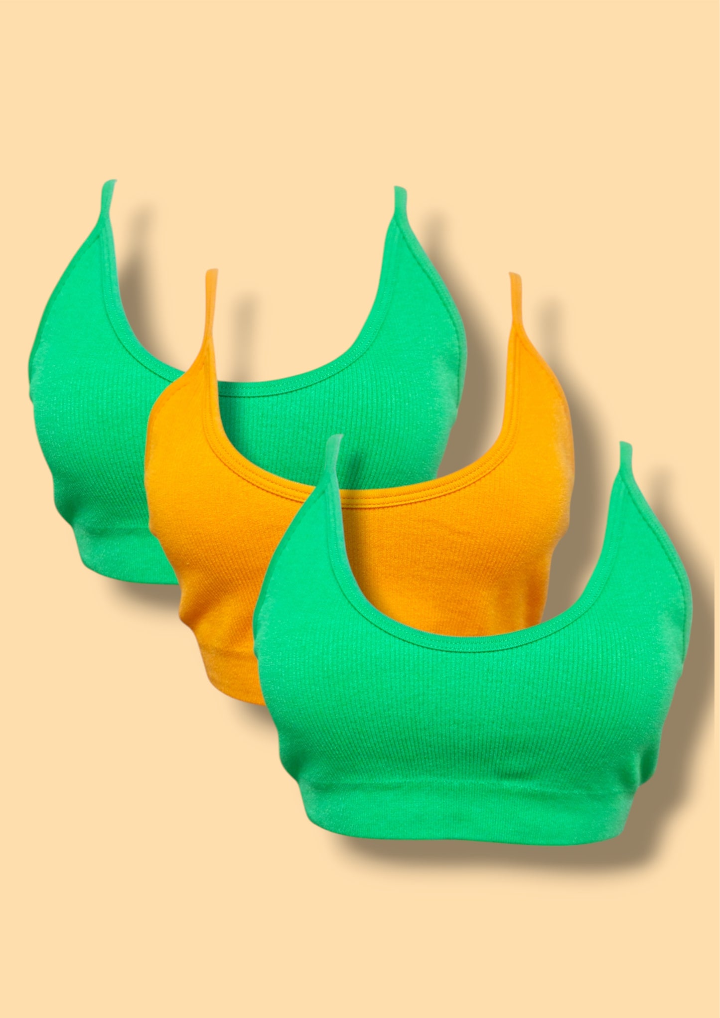 3 Pack Ribbed Bra - Green & Orange