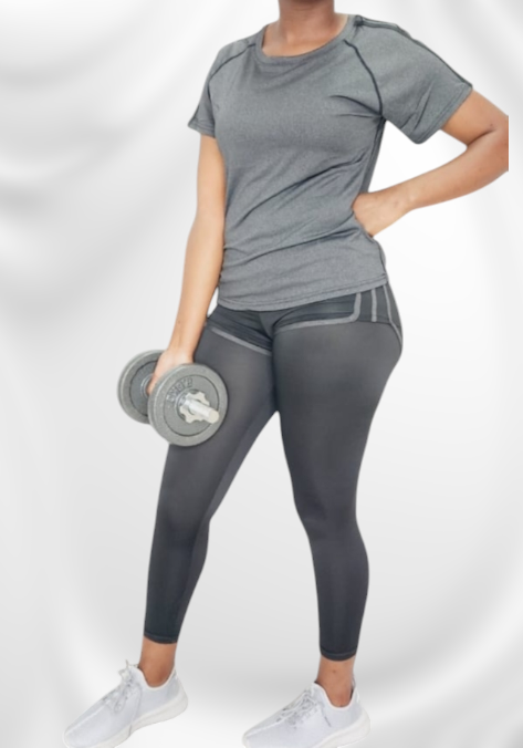 2 Piece Gym Set - Black & Grey Sheggings + Top
