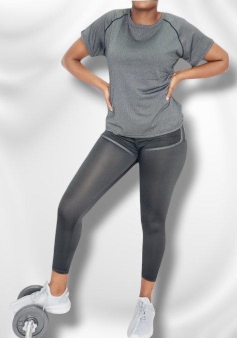 2 Piece Gym Set - Black & Grey Sheggings + Top