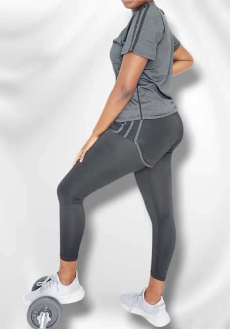 2 Piece Gym Set - Black & Grey Sheggings + Top