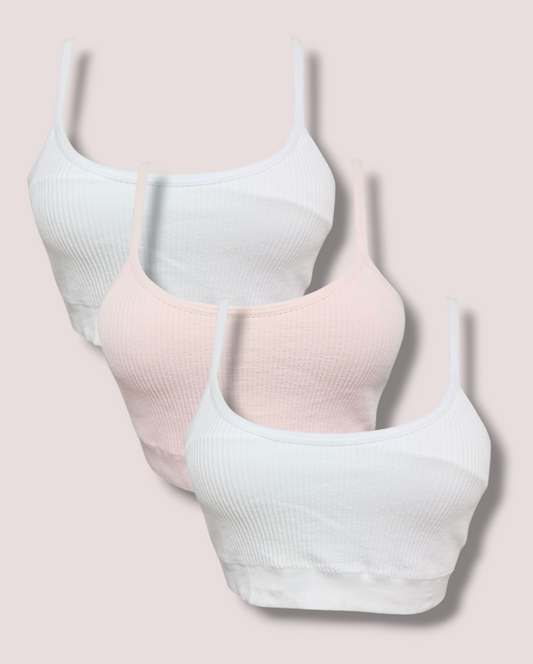 3 Pack Ribbed Bra - White & Pale Pink