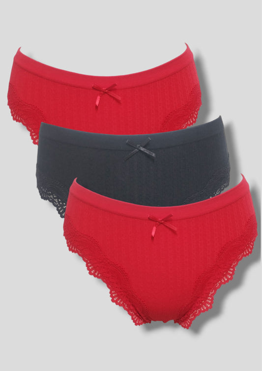 3 Pack Bikini Cut Panties - Red & Black